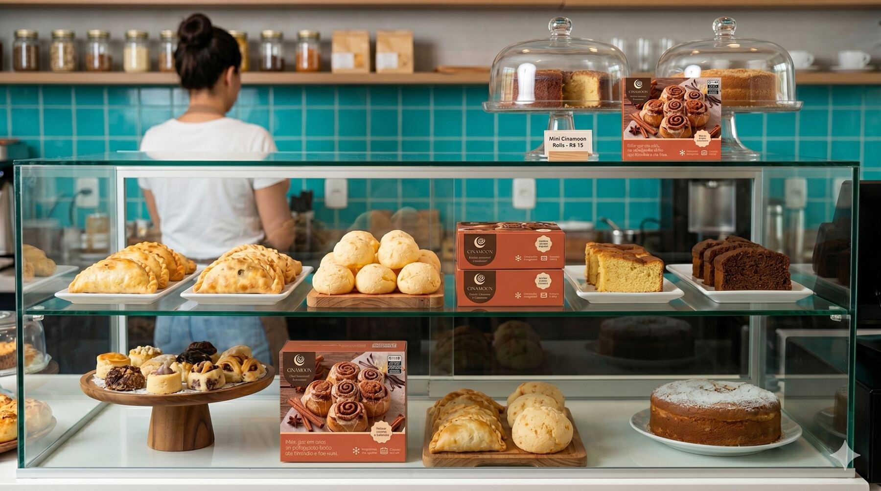 Vitrine de cafeteria parceira com produtos Cinnamoon